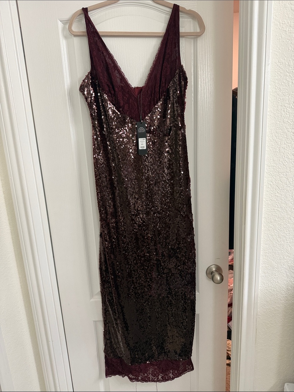Fashion Nova Burgundy Sequin Lace-Trim Maxi Dress